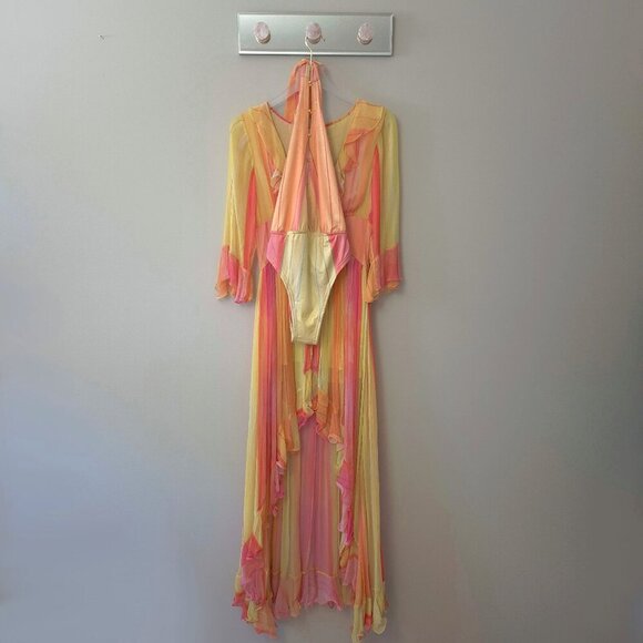NWT Rococo Sand printed yellow & coral beaded accent halter one piece swimsuit - Picture 6 of 6